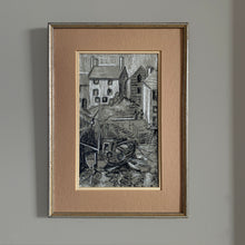 Load image into Gallery viewer, Framed charcoal drawing of wharf