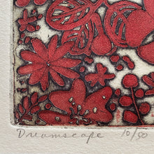 Load image into Gallery viewer, Detail of etching showing title (Dreamscape) and edition number (10 out of 50)