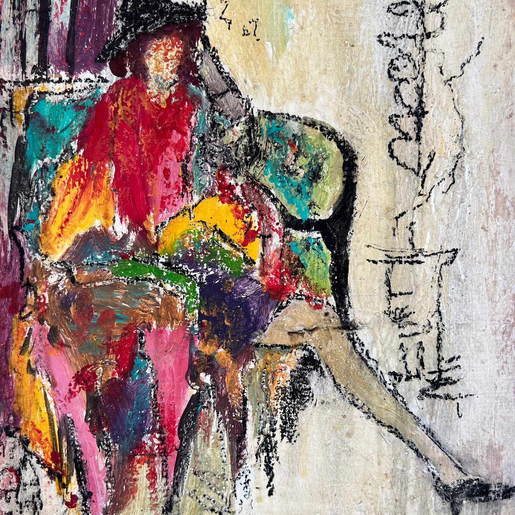 Seated woman with hat / Oil on canvas painting