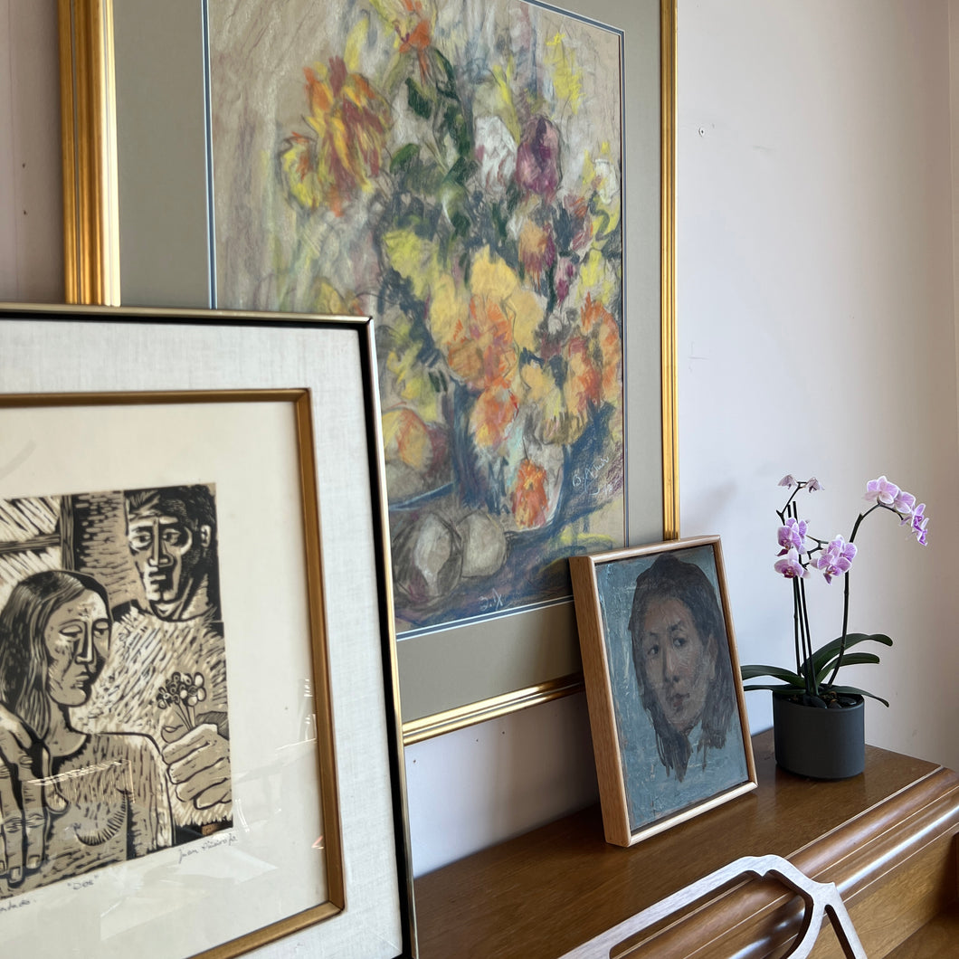 Large still life (vase of flowers with bowl of fruit)